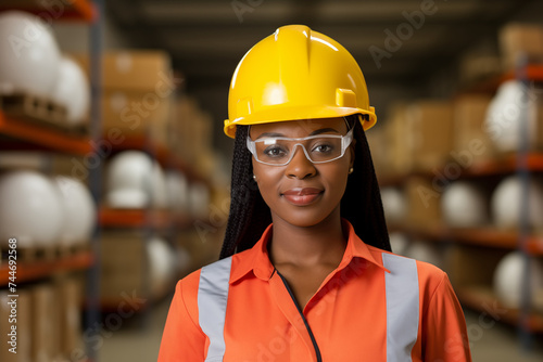 A worker in a warehouse or industrial setting with shelves stocked with various items in a storage or inventory area. Her professional attire suggest she is a skilled worker or supervisor in her field