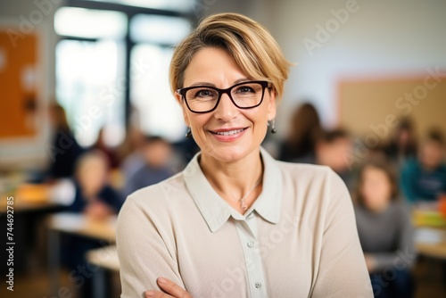 A cheerful senior female teacher with glasses standing in a classroom  with young students visible in the background.