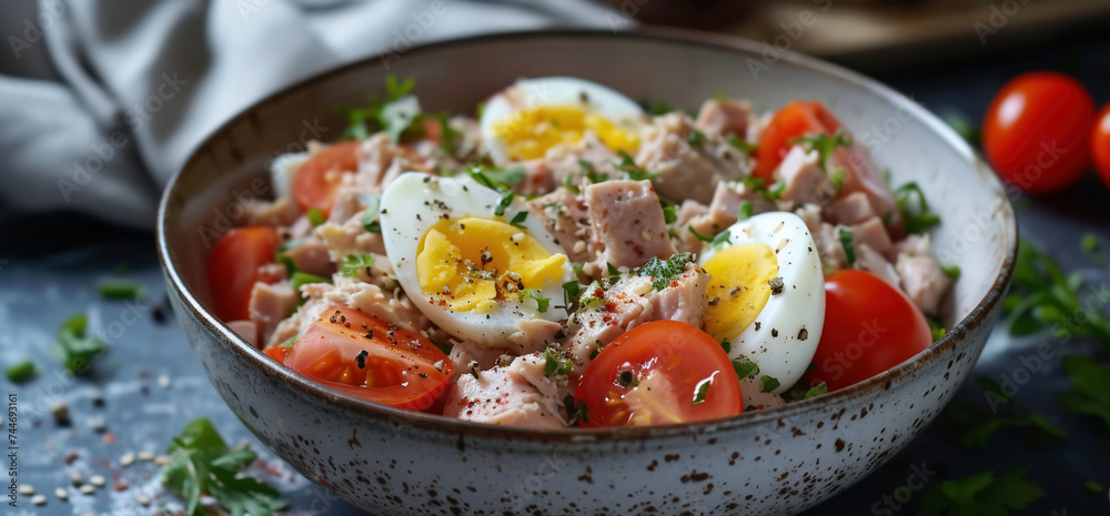 Tuna salad with cherry tomatoes, eggs and parsley in a wooden bowl Tuna salad with cherry tomatoes, eggs and parsley in a wooden bowl