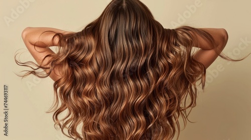 A beautiful model with a curly hairstyle, showcasing long, shiny, wavy brunette hair