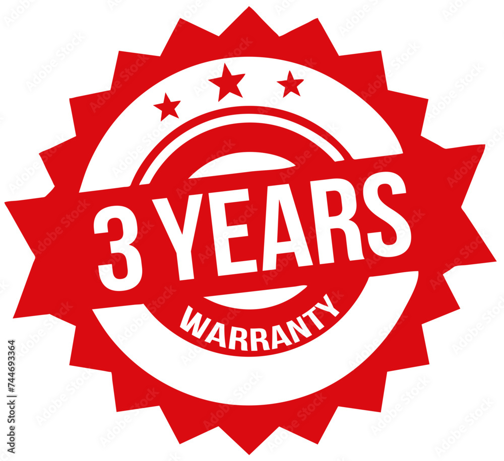 Red 3 years Warranty rubber stamp label, warranty badge Red 3 years Warranty rubber stamp label, warranty badge