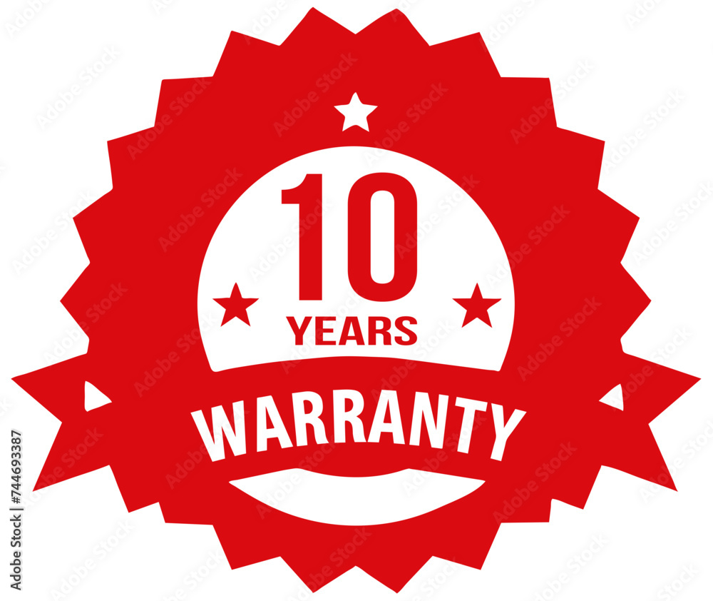 Obraz premium Red 10 years Warranty rubber stamp label, warranty badge