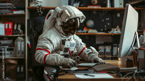 Astronaut Typing on Keyboard at Office Desk, Merging Space Exploration with Daily Work Life, Overqualification