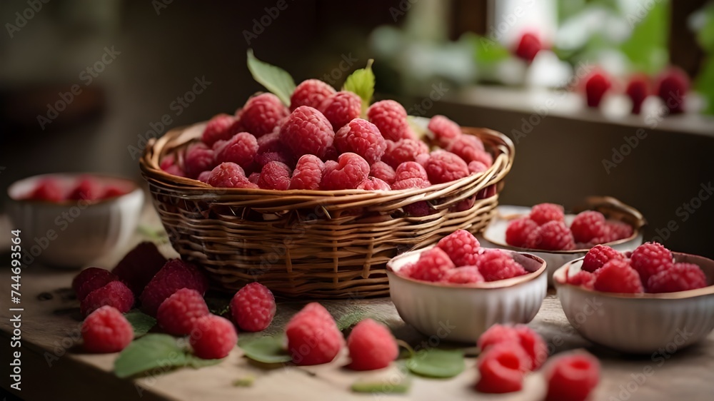A basket of raspberries is placed on a table, with several cups filled with raspberry desserts nearby. The cups are accompanied by leaves and stems from the berries, adding to the presentation. There A basket of raspberries is placed on a table, with several cups filled with raspberry desserts nearby. The cups are accompanied by leaves and stems from the berries, adding to the presentation. There
