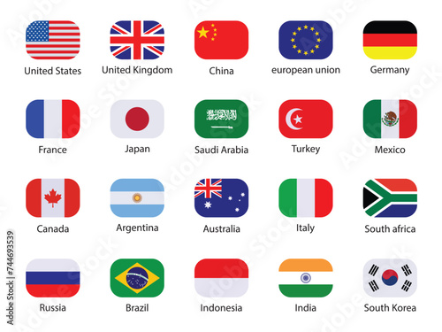 G20 country flags. brazil, mexico, usa, japan, indonesia, China, korea, canada, france, argentina, saudi arabia, india, germany, south africa, italy, australia, turkey, uk. Vector	