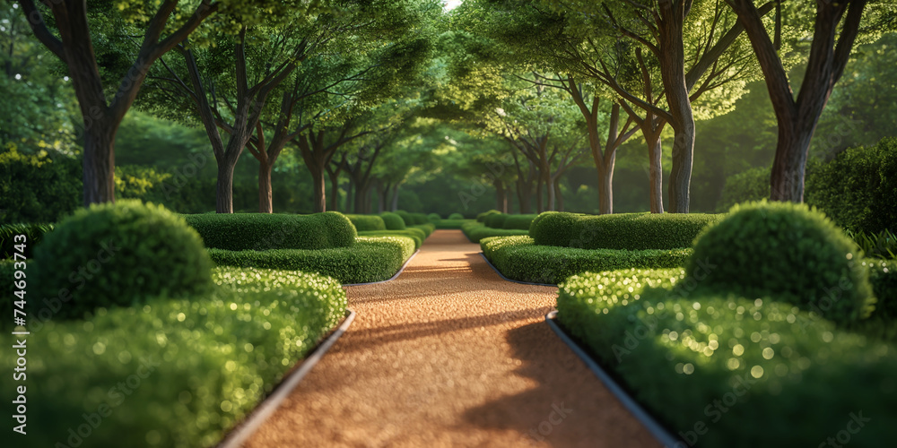 A garden with minimalist paths and sculpted bushes A garden with minimalist paths and sculpted bushes