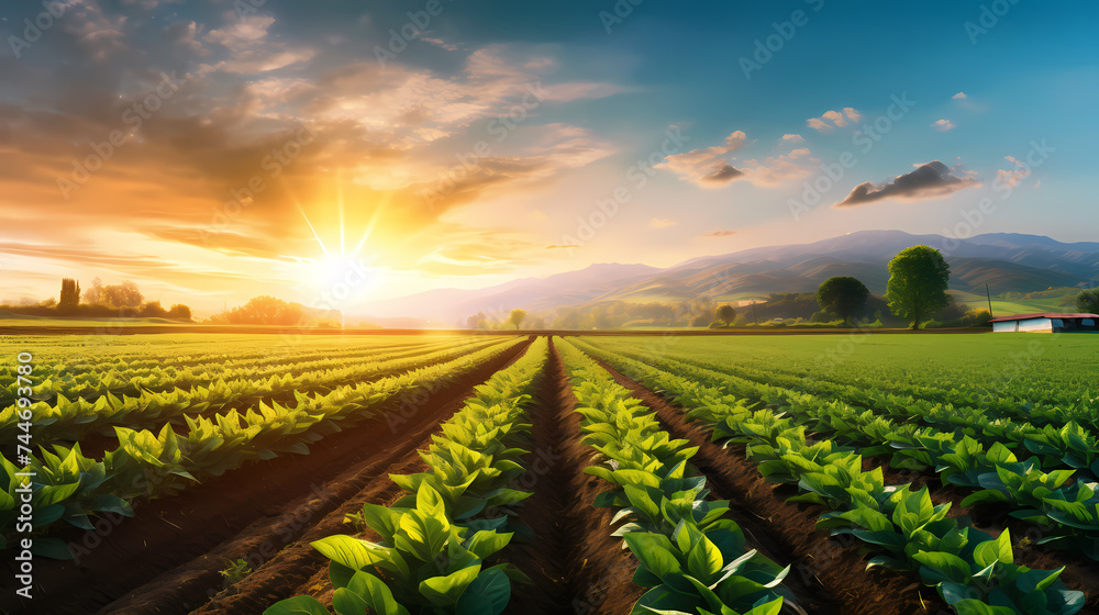 Agricultural plantation in field agricultural landscape, green growing plants