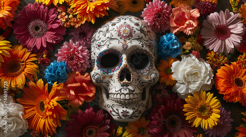 Sugar skull in flowers background, day of dead