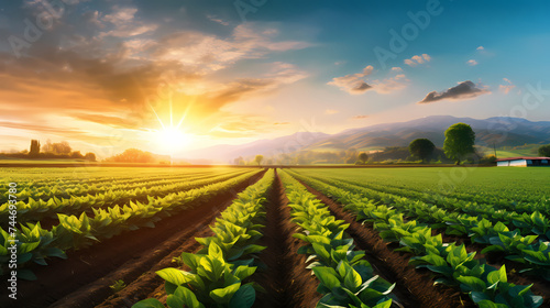 Agricultural plantation in field agricultural landscape, green growing plants