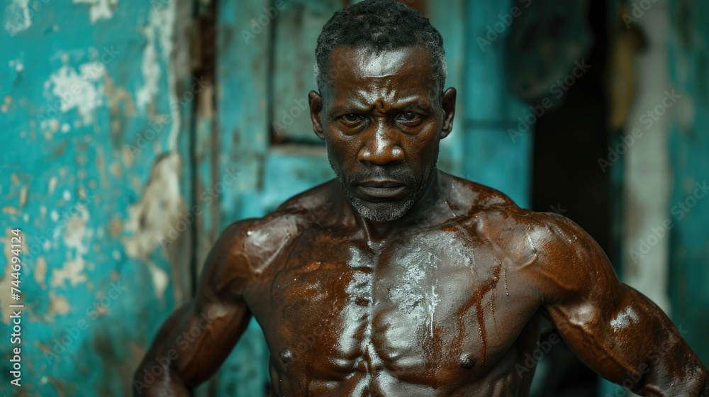 Portrait of a Muscular Black Man with Intense Gaze