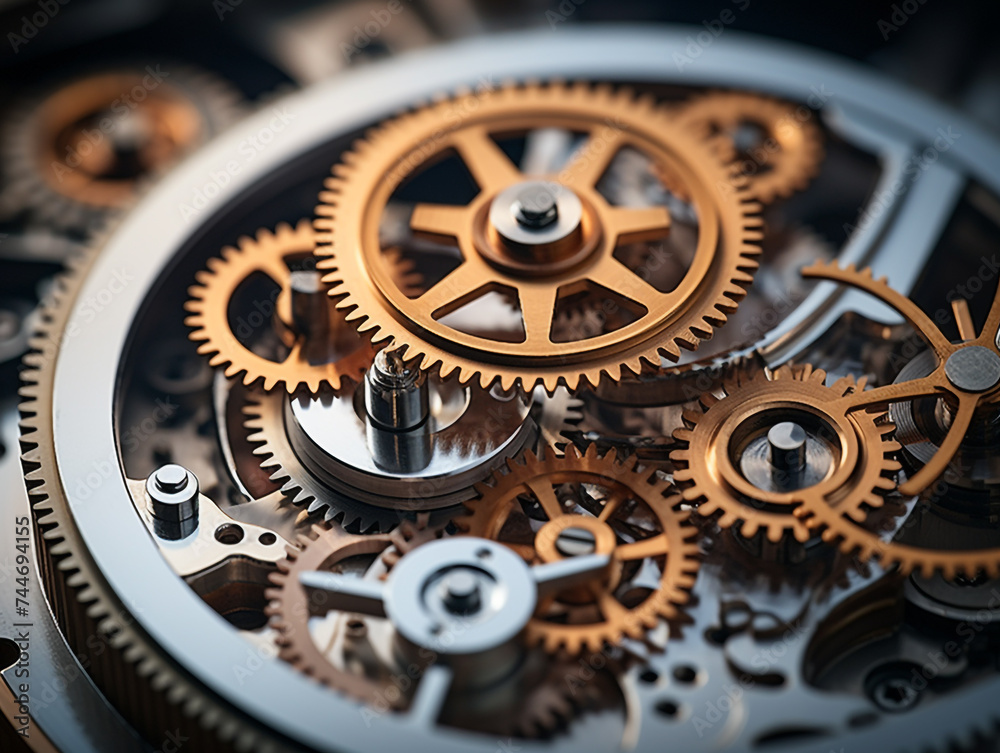Macro photography captures the texture and tiny details of interconnected mechanical gears.