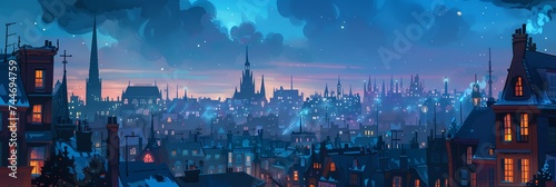 Night City Landscape Background Panorama Concept Drawing image HD Print 15232x5120 pixels. Neo Game Art V10 24