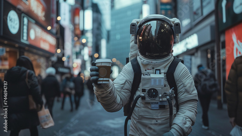 Astronaut Holding Coffee in Crowded Cityscape, Juxtaposing Cosmic Exploration with Urban Routine