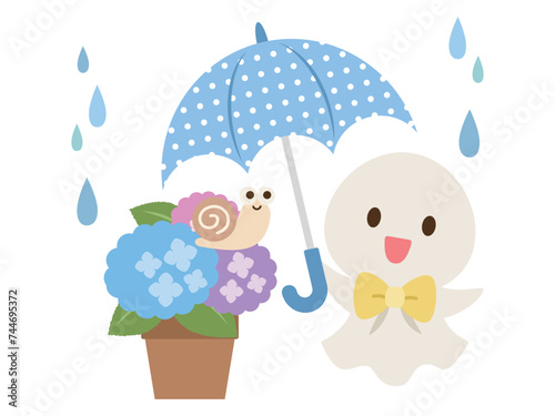 梅雨_雨のてるてる坊主と紫陽花のかたつむり © チリル