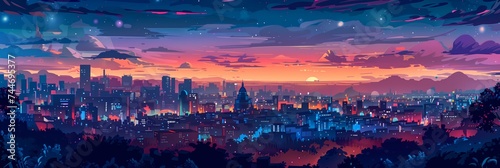 Night City Landscape Background Panorama Concept Drawing image HD Print 15232x5120 pixels. Neo Game Art V10 13