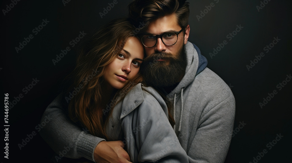 Romantic portrait of loving couple of young man and beautiful woman