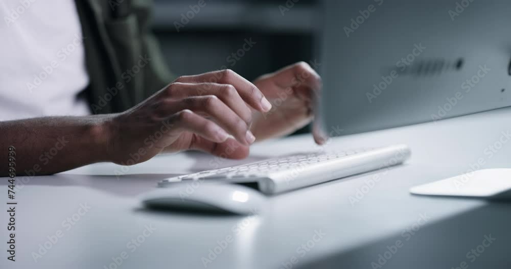 Business hands, typing on keyboard and night research for information technology, programming and software update. Person or programmer on computer in office with cybersecurity management or website Business hands, typing on keyboard and night research for information technology, programming and software update. Person or programmer on computer in office with cybersecurity management or website