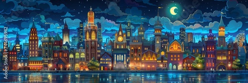 Night City Landscape Background Panorama Concept Drawing image HD Print 15232x5120 pixels. Neo Game Art V10 5