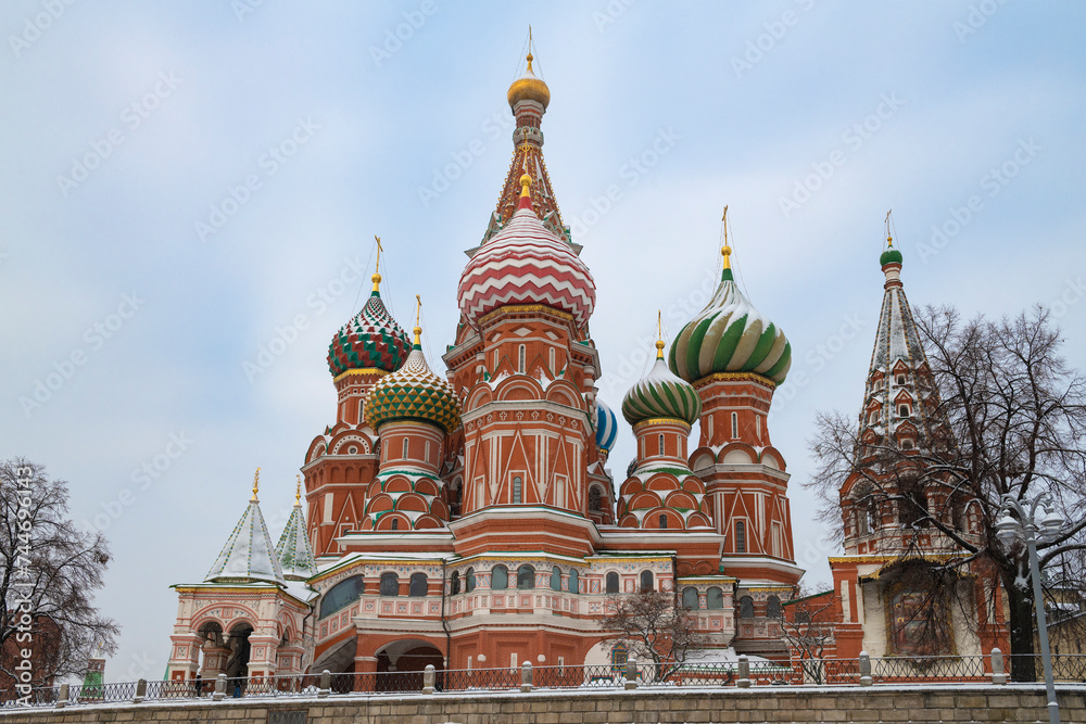 Ancient Cathedral of the Intercession of the Blessed Virgin Mary (St. Basil's Cathedral) on a cloudy January day. Moscow, Russia