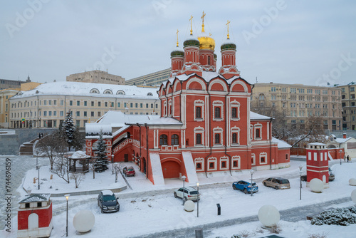 Ancient Znamensky Cathedral on a cloudy January day. Moscow, Russia