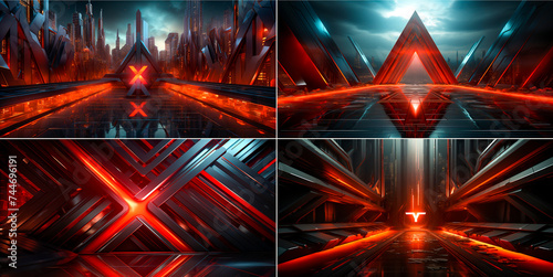 Abstract and futuristic design with glowing red theme. Intricate overlapping layers add extra depth and volume. Creates a techno-inspired atmosphere with a unique X-effect decor.