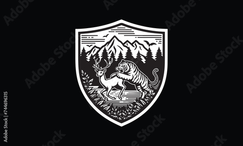 shield with tiger  deer  tiger catching deer  deer attacking deer  hunting logo  animal logo  mountain  forest  trees  grass 