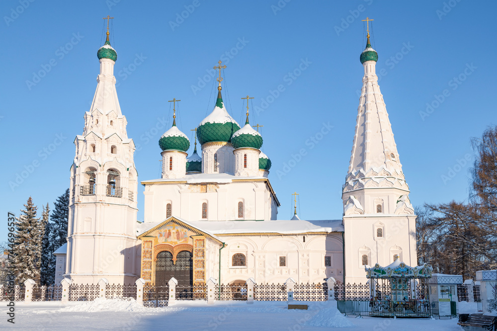 At the ancient church of Elijah the Prophet on a sunny January day, Yaroslavl. Golden Ring of Russia