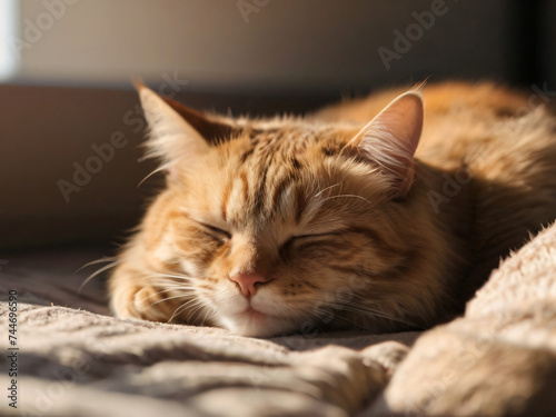 An orange tabby cat sleeps on a soft bed. With soft sunlight, AI is born. © sakda