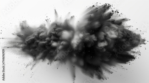 Black chalk pieces and powder flying, effect explode isolated on white, Ai generated image