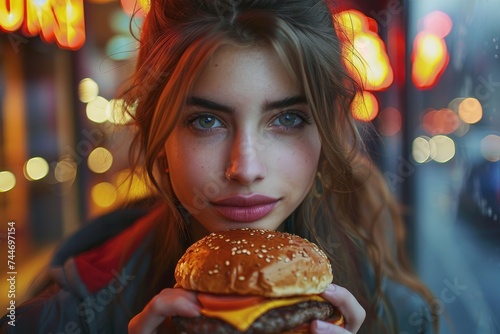 A young woman indulges in a mouthwatering burger on a bustling street  her face radiating pure joy as she takes a satisfying bite of the juicy sandwich