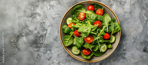 Green vegan salad from green leaves mix and Vegetables. salad in a plate with spinach leaves, cherry tomatoes, lettuce leaves, cucumbers, Image for Cafe and Restaurant Menus