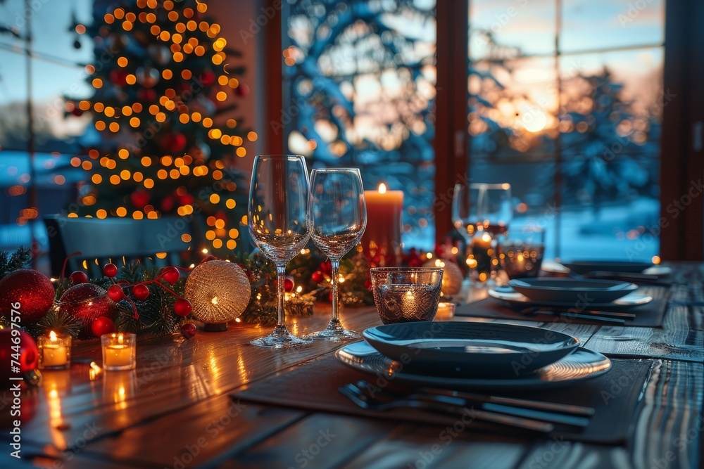 Fototapeta premium A festive table adorned with sparkling tableware, a glowing christmas tree, and flickering candles, creating a warm and inviting ambiance for a holiday gathering