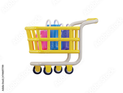 shopping trolley icon with shopping bag icon 3d rendering vector illustration