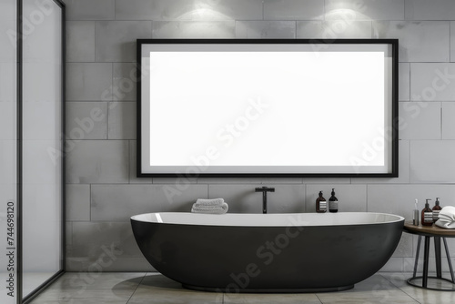 Black bathtub in Luxurious Modern Bathroom interior design with picture frame at the wall.