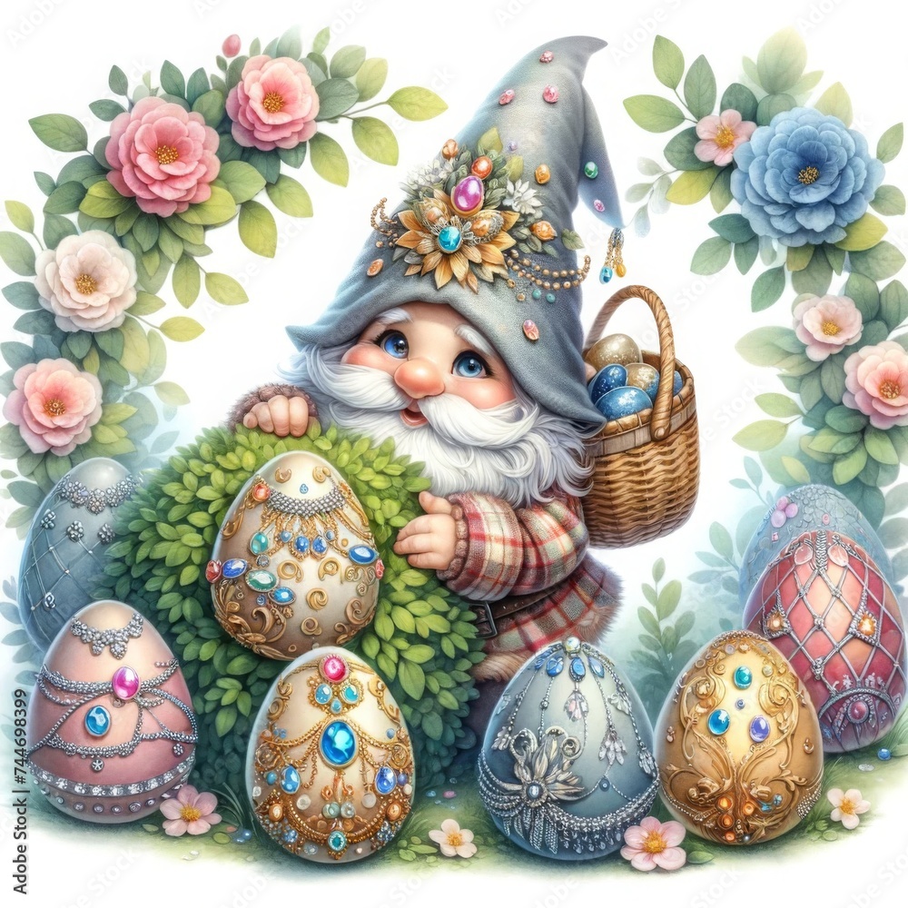 Easter Gnome is surrounded by eggs and flowers, Colorful easter eggs, and a lush assortment of spring flowers, Adorable watercolor illustrations.
