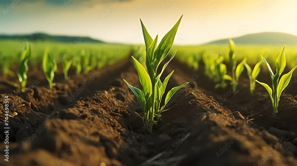 Agricultural plantation in field agricultural landscape, green growing plants Agricultural plantation in field agricultural landscape, green growing plants
