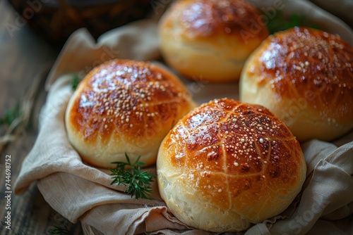 A scrumptious assortment of freshly baked bread rolls, from classic buns to savory ciabatta, ready to be enjoyed as a staple food or a mouthwatering snack in any indoor setting photo