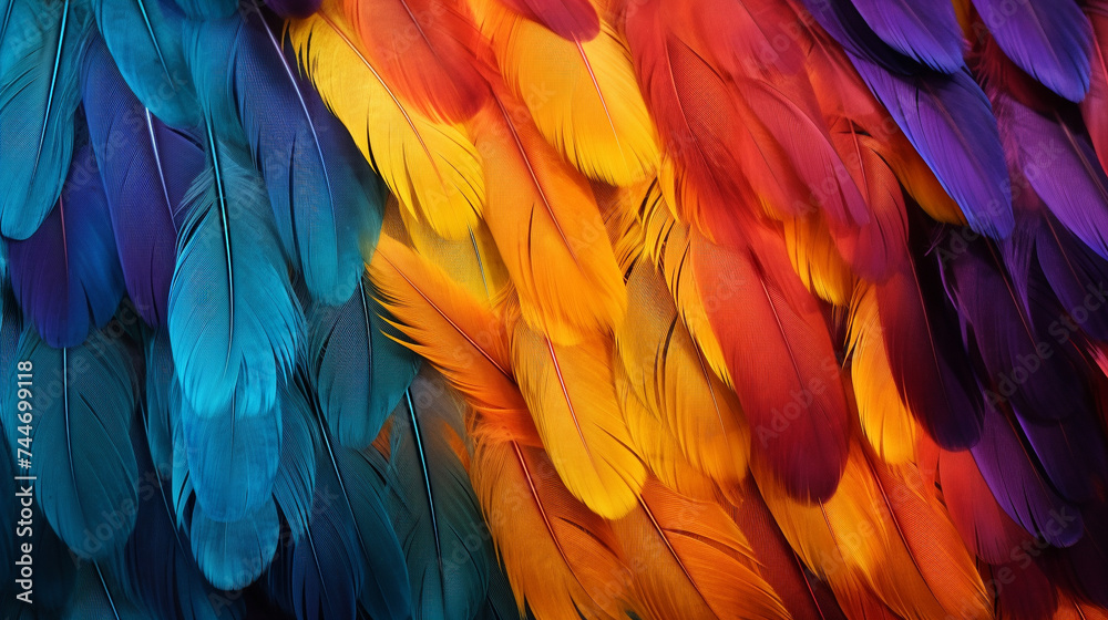 Fototapeta premium Multi colored feathers, Closeup feather, background texture, abstract, generative AI