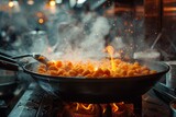 A sizzling wok atop a fiery stove, transforming raw food into a delectable meal within the warmth of the kitchen