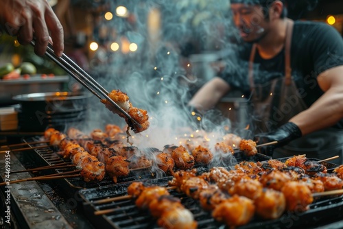 A man expertly grills a mouth-watering mix of churrasco, yakitori, and kebabs on an outdoor barbecue, adding a sizzling touch to his street food dishes with the flick of his tongs
