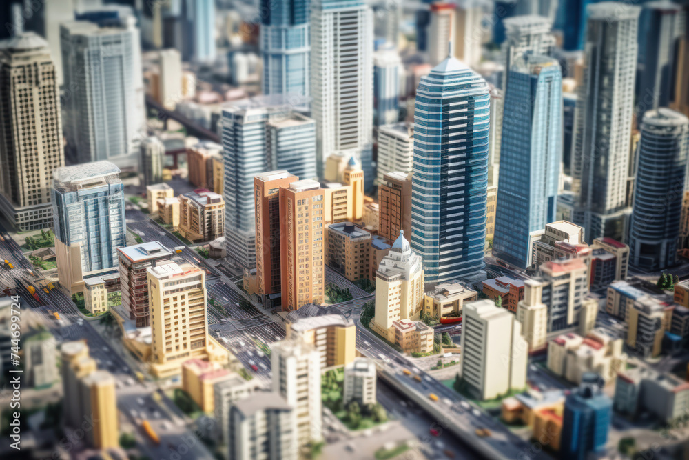 Dazzling Urban Skyline View: Aerial Cityscape of Modern High-Rise Buildings and Skyscrapers, Towering Above the Vibrant Streets of Downtown Dubai, United Arab Emirates.