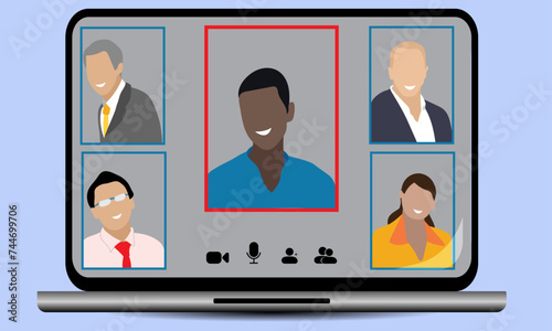 Laptop screen showing business people on a teleconference call together, Office people remotely working have a video conference meeting, VOIP call between office colleagues on Laptop