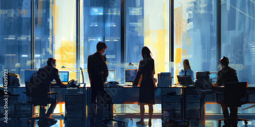 Graphic Illustration Of An Office With Workers And Computers For Wallpaper Created Using Artificial Intelligence