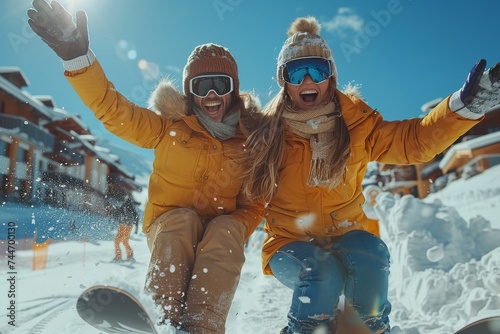 Two adventurous individuals embrace the thrill of winter on their snowboards, grinning beneath the clear blue sky as they carve through the snowy mountains, bundled up in warm clothing and protected 