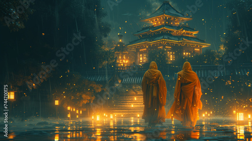 Mystical temple walk in the rain by two Buddhist monks