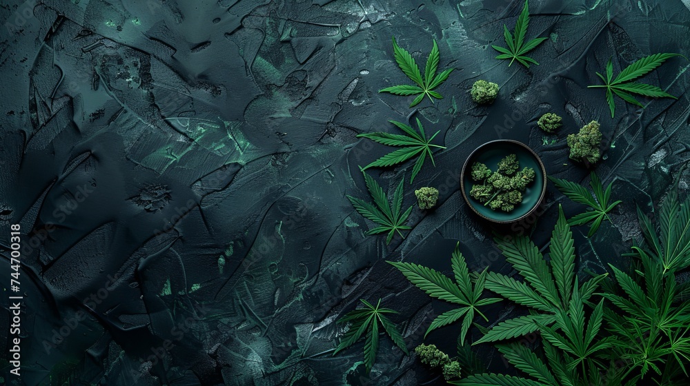 cannabis leaves and buds scattered on a dark, textured surface.  - obrazy, fototapety, plakaty 