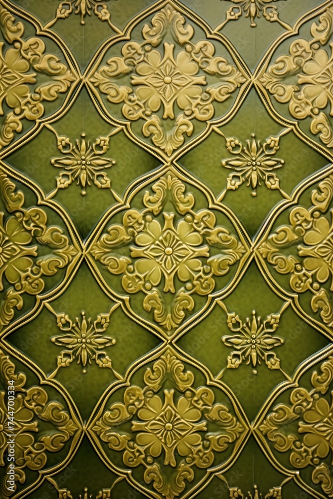 Abstract olive colored traditional motif tiles wallpaper floor texture background