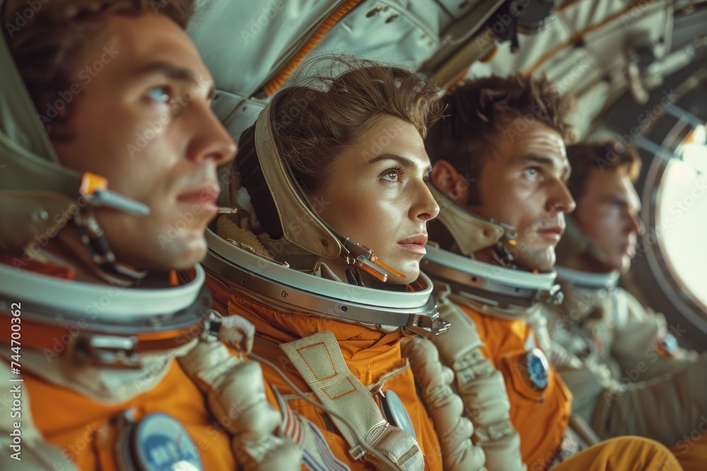 Spacecraft Crew in Orange Suits Observing Space. Crew of four astronauts in orange suits with helmets on, attentively observing through spacecraft cabin window. - obrazy, fototapety, plakaty 