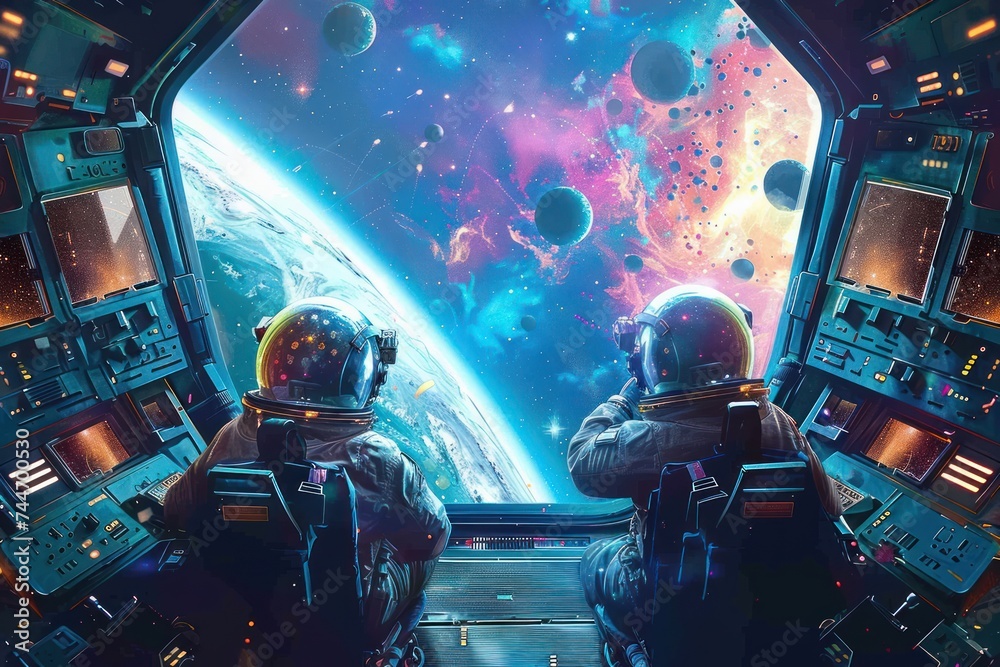 Astronauts Observing Earth from a Spacecraft. Two astronauts in golden helmets observing Earth from a spacecraft with vibrant celestial bodies in view. - obrazy, fototapety, plakaty 