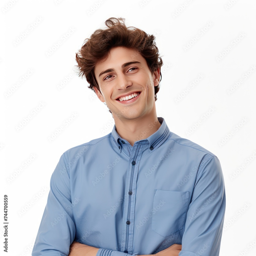 Perplexed Young Man in Blue Shirt Smiling on White Background Perplexed Young Man in Blue Shirt Smiling on White Background